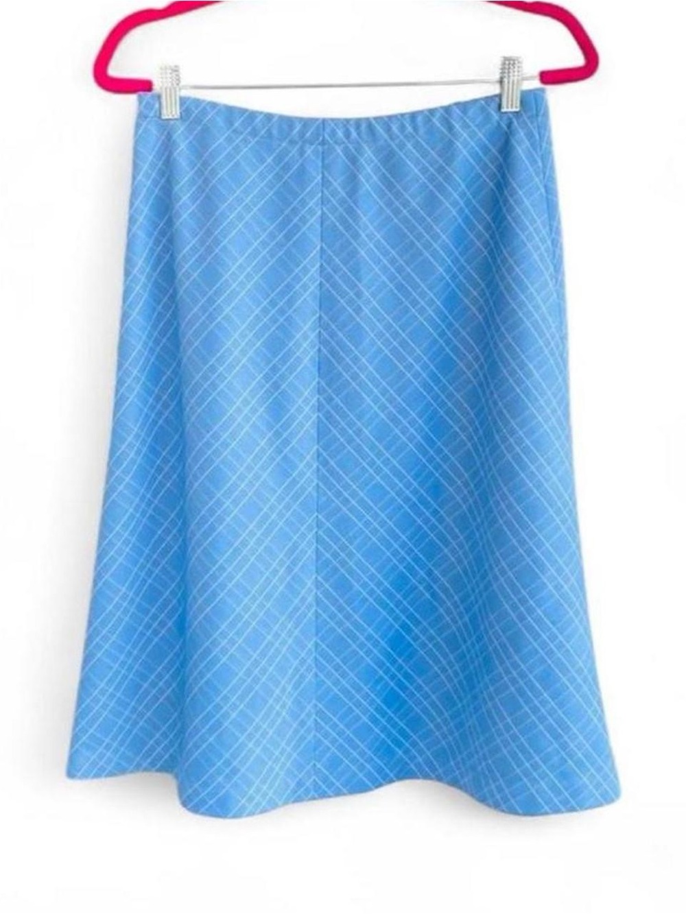 Vintage 70s Blue Geometric Grid A-Line Skirt – Retro Minimalist High Waist (S/M)